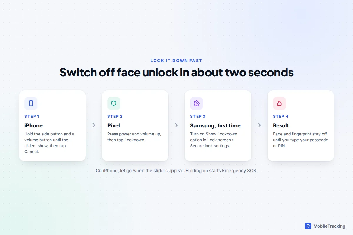 Four steps for disabling face unlock quickly on iPhone, Pixel and Samsung, ending with biometrics off until the passcode is entered