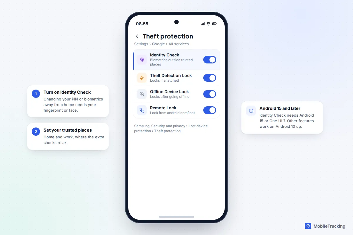 Android Theft protection settings with Identity Check, Theft Detection Lock, Offline Device Lock and Remote Lock switched on