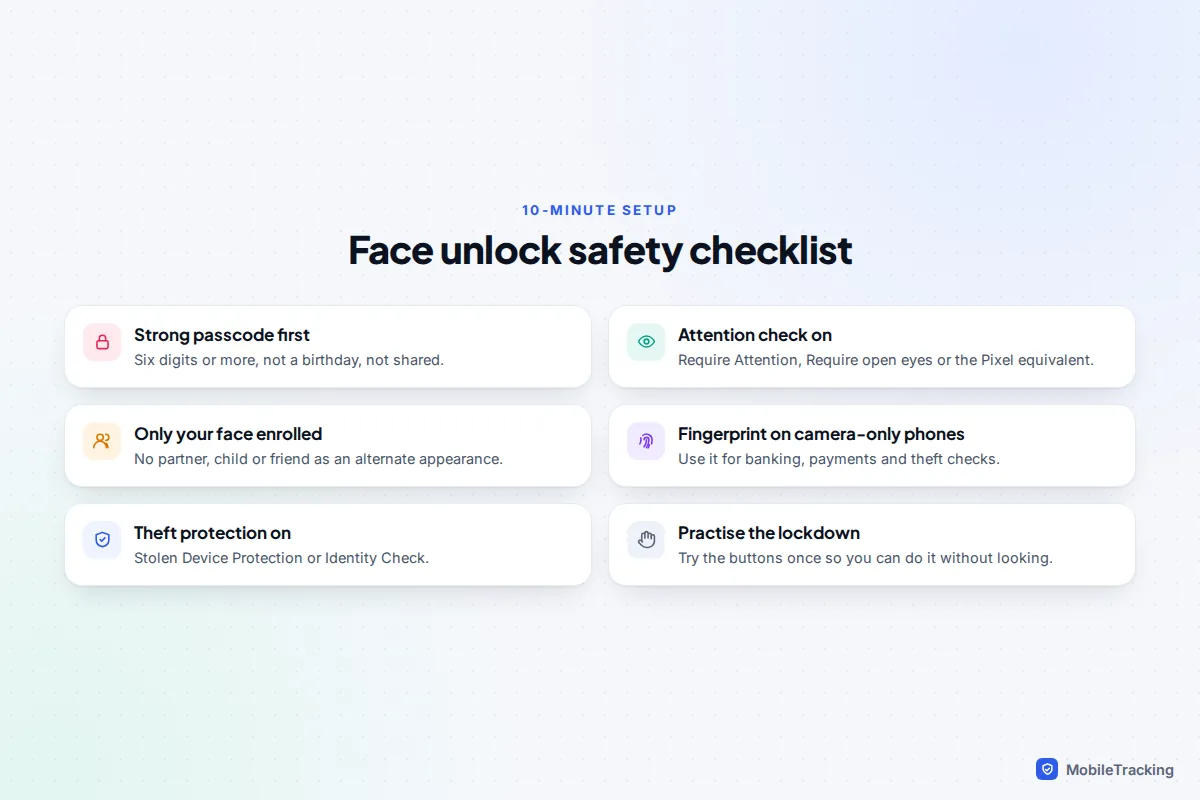 Face unlock safety checklist covering a strong passcode, attention checks, one enrolled face, fingerprint backup, theft protection and practising lockdown
