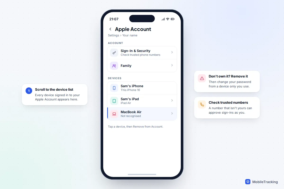 Apple Account settings on iPhone listing signed-in devices with an unrecognised MacBook highlighted