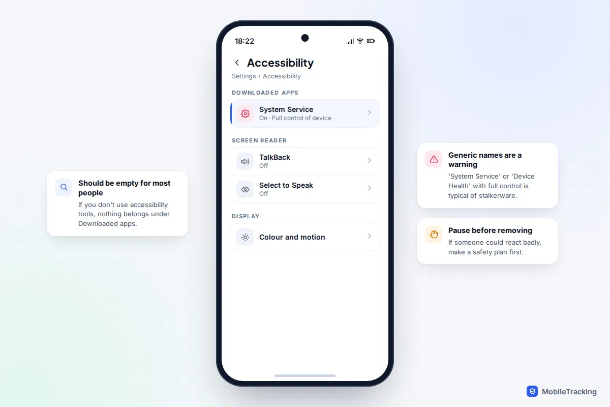 Android accessibility settings listing an unfamiliar app called System Service with full control switched on