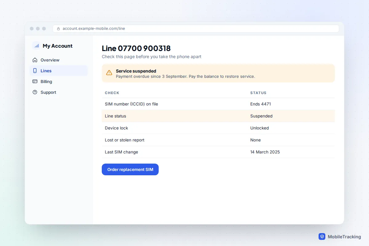 Carrier account web page showing a line suspended for an overdue payment, with SIM number, device lock and lost or stolen status