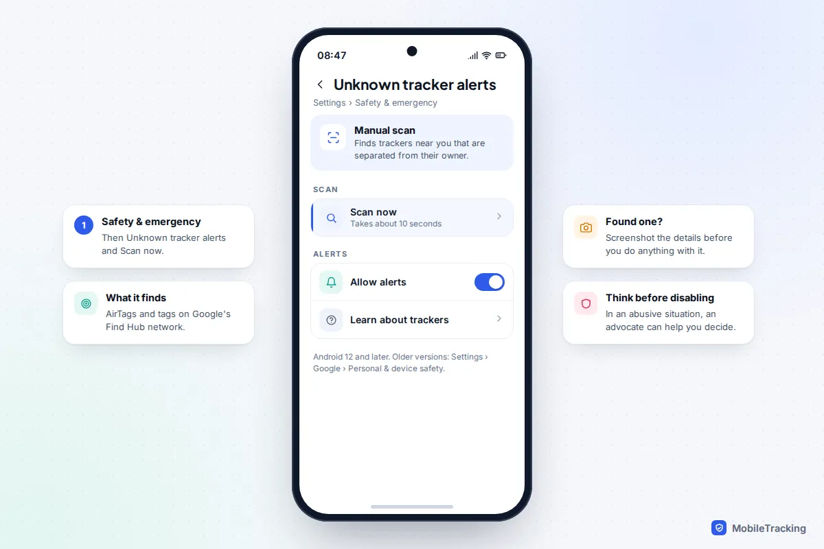 Android Unknown tracker alerts screen running a manual scan for nearby trackers separated from their owner