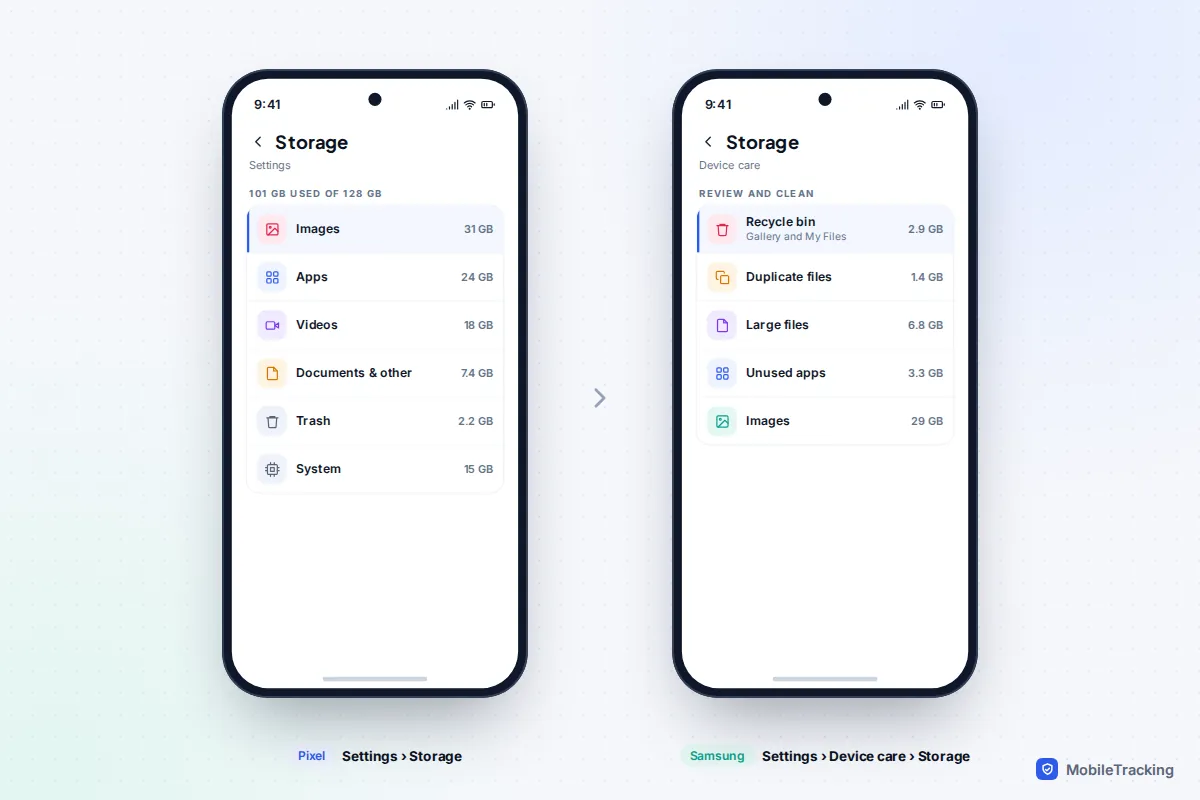 Pixel Storage screen with Images, Apps, Videos, Documents and other, Trash and System, next to a Samsung Device care Storage screen with Recycle bin, duplicate and large files