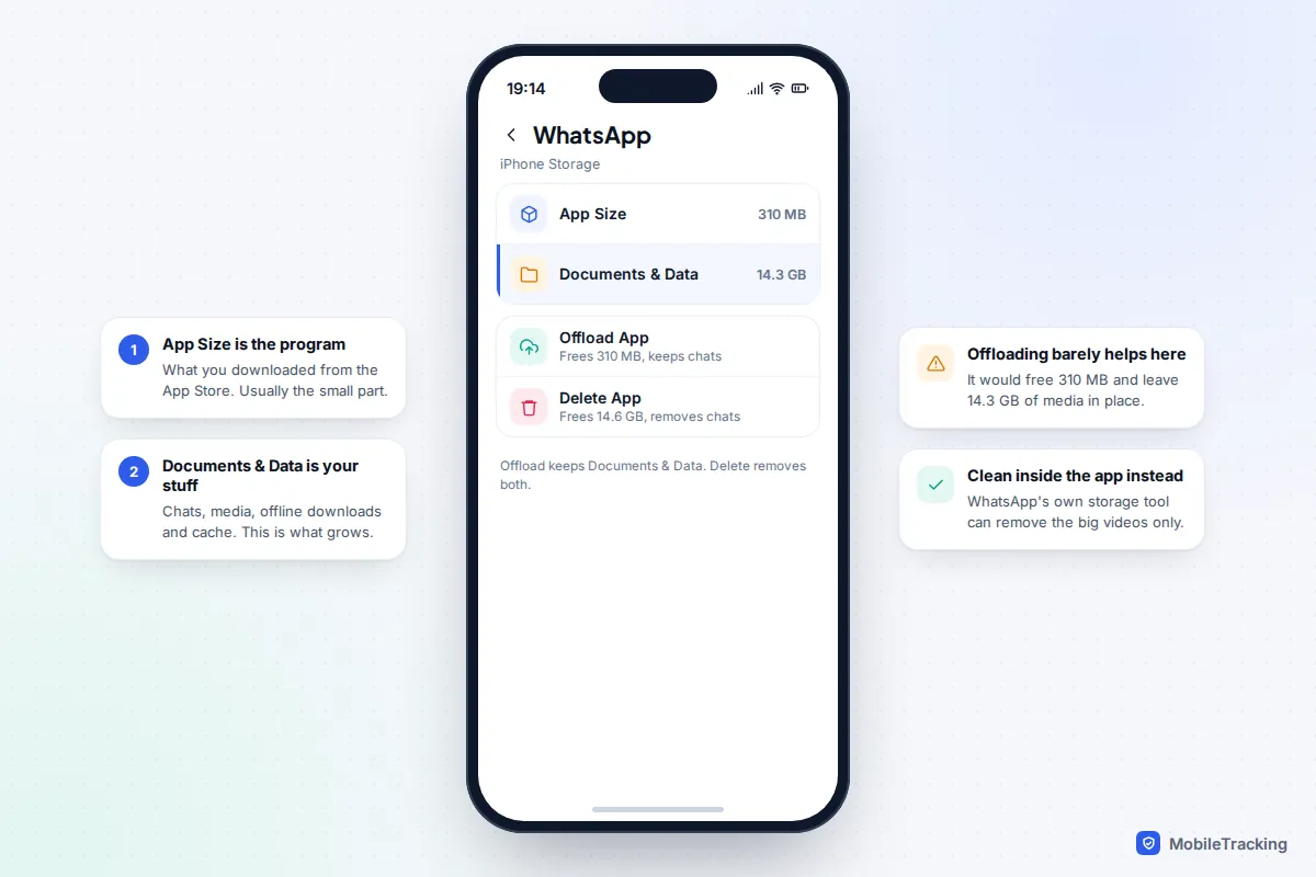 iPhone Storage detail page for WhatsApp showing App Size of 310 MB and Documents and Data of 14.3 GB, with Offload App and Delete App options