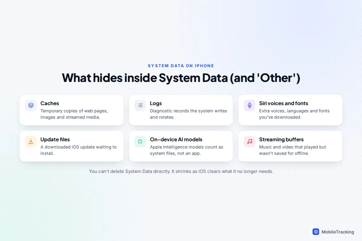 Infographic listing what System Data contains on iPhone: caches, logs, Siri voices and fonts, update files, on-device AI models and streaming buffers
