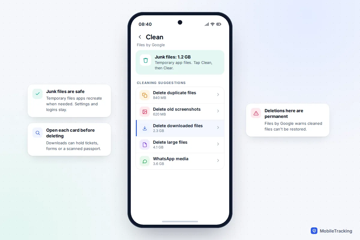 Files by Google Clean tab showing 1.2 GB of junk files and suggestions to delete duplicates, old screenshots, downloaded files, large files and WhatsApp media