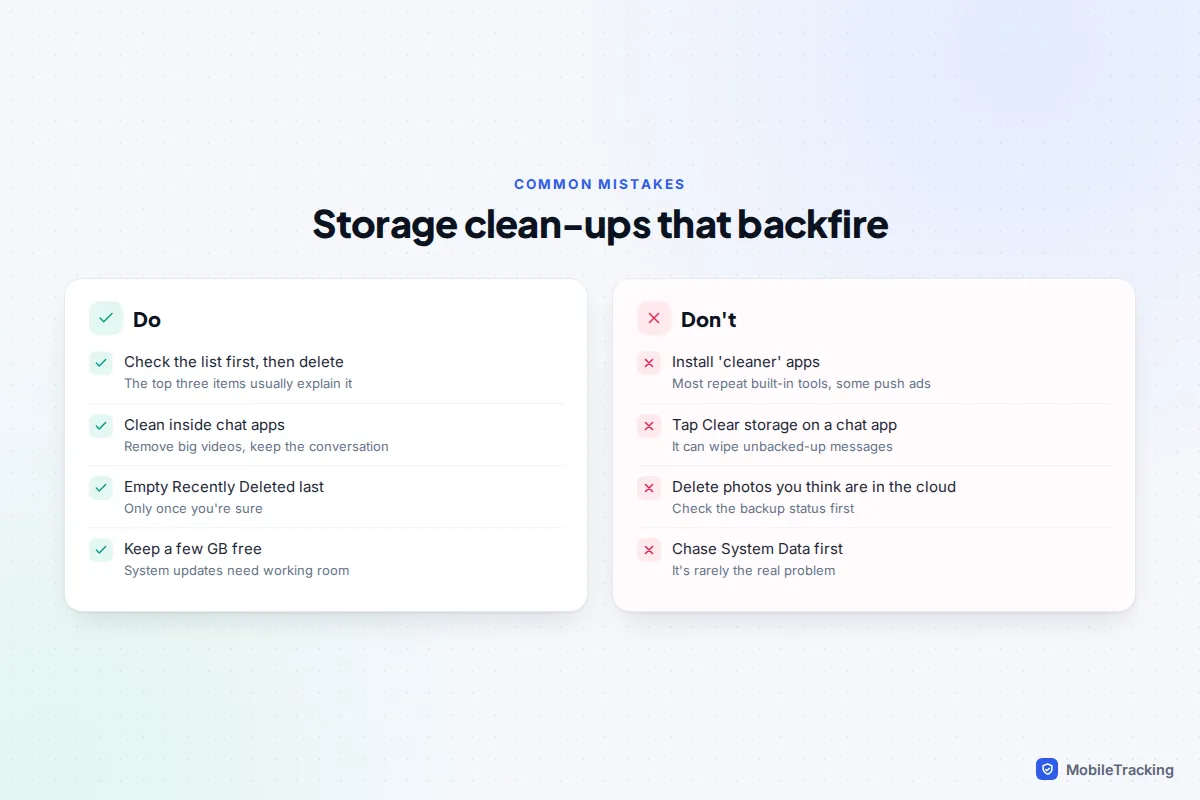 Comparison of storage clean-up habits that work, such as cleaning inside chat apps, against mistakes like cleaner apps and clearing chat app storage