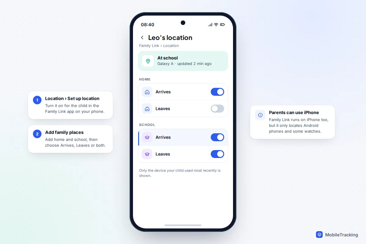 Family Link location screen for a child showing home and school places with Arrives and Leaves alerts switched on