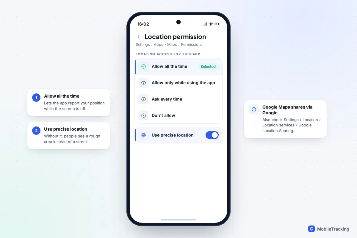 Android location permission screen for Maps with Allow all the time selected and precise location on