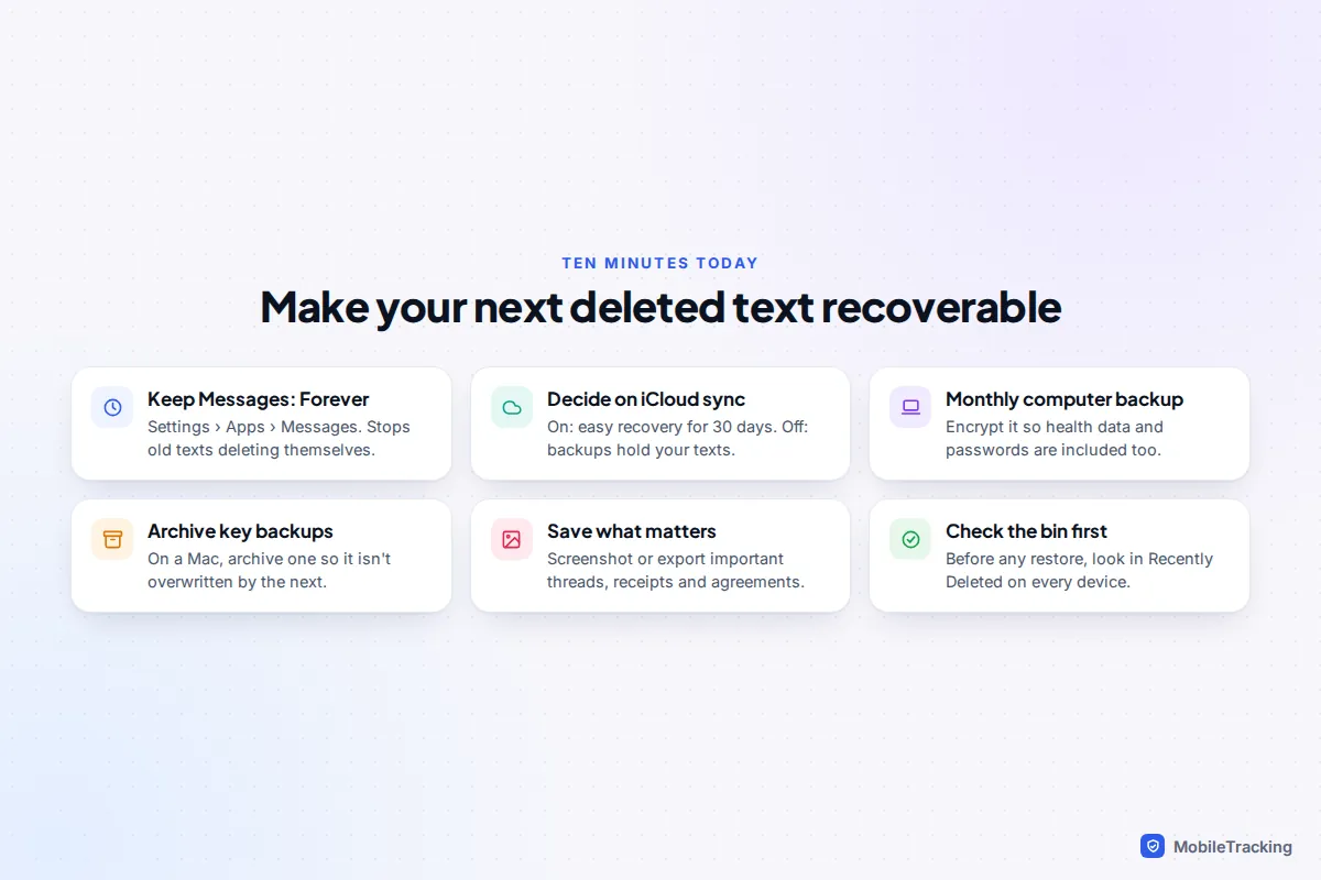Six-item prevention checklist for iPhone texts including Keep Messages set to Forever, a monthly computer backup and archiving key backups