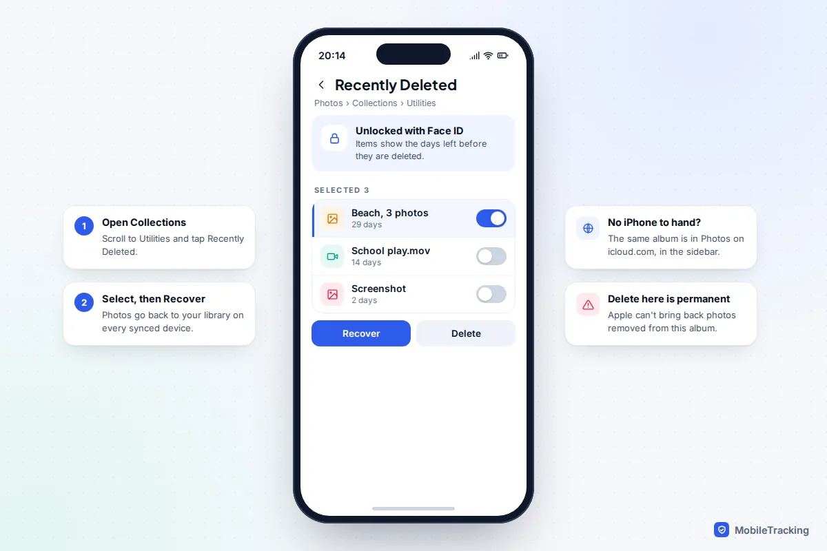 iPhone Photos Recently Deleted album unlocked with Face ID, showing selected photos with days remaining and a Recover button