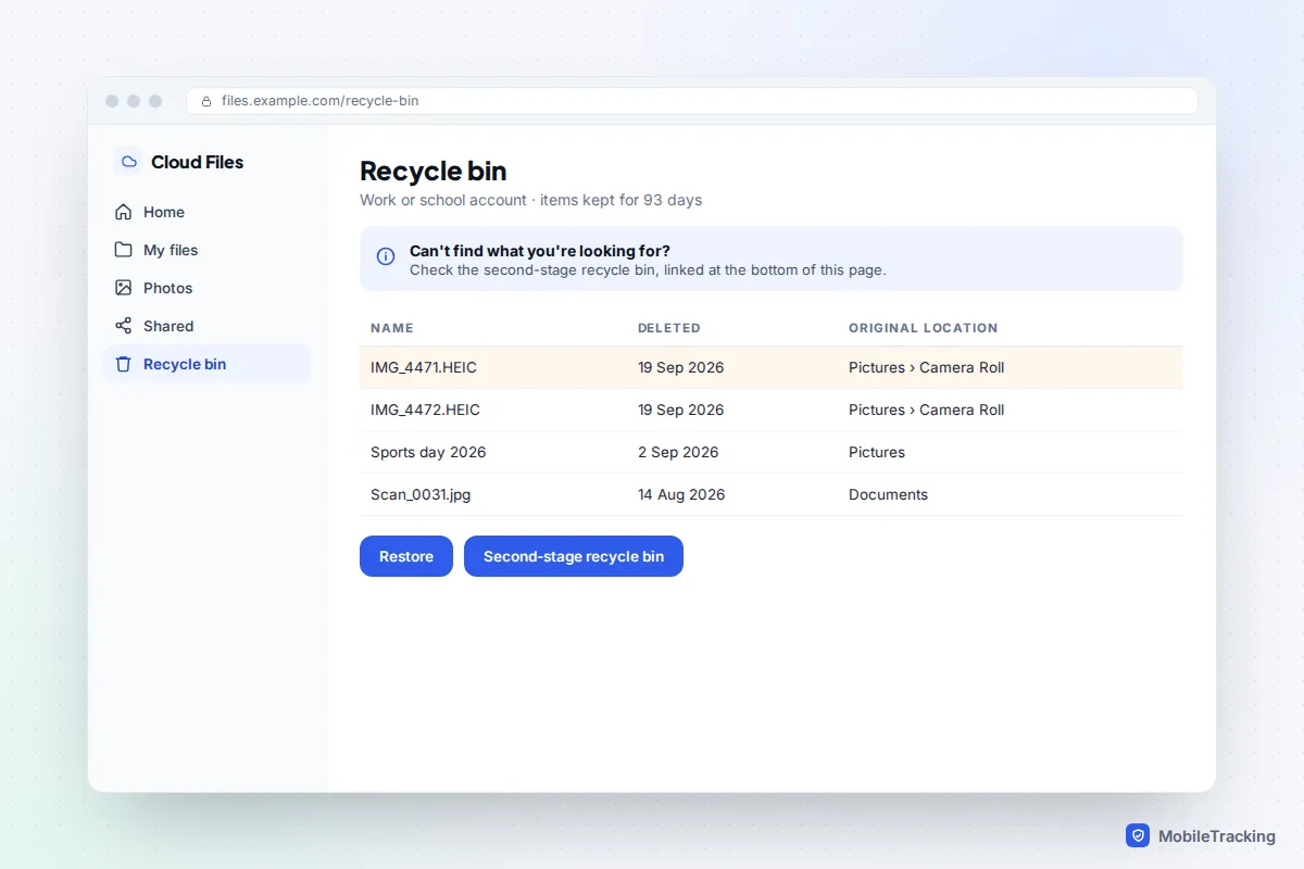 Cloud storage recycle bin on the web for a work account, listing deleted photos with their original folder and a second-stage recycle bin button