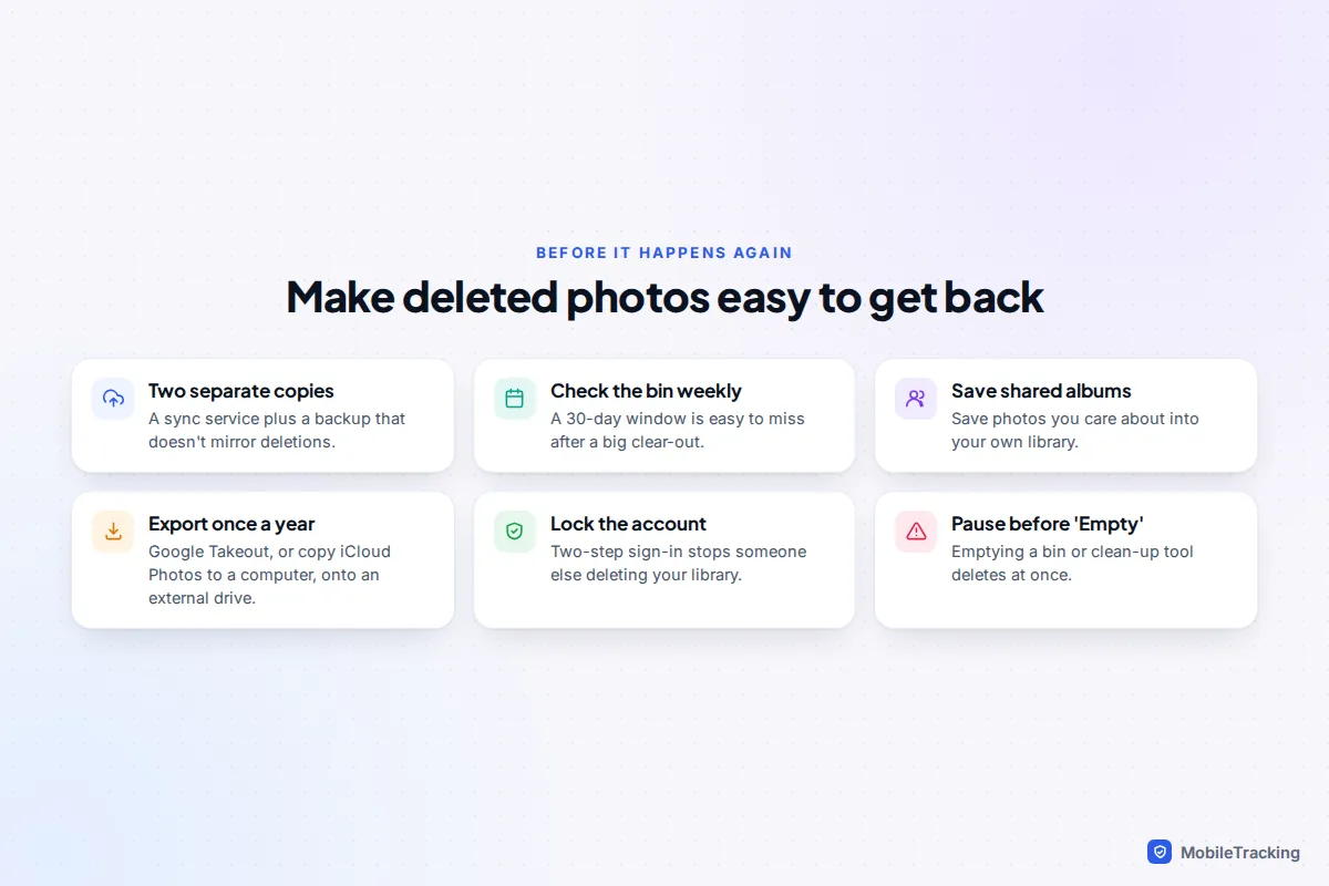 Six-point prevention checklist for cloud photos, including two separate copies, a weekly bin check and two-step sign-in
