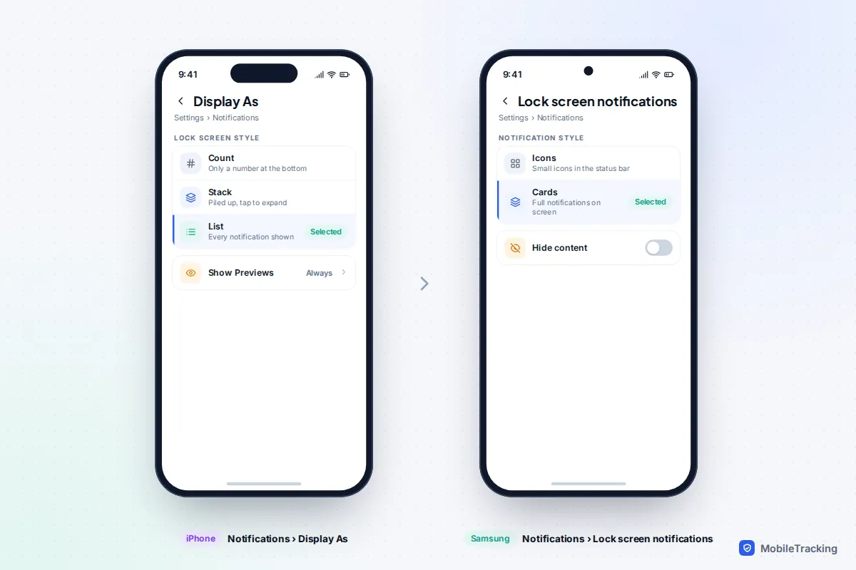 iPhone Display As screen with Count, Stack and List options next to Samsung Lock screen notifications with Icons and Cards styles