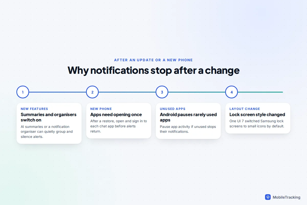 Timeline of four reasons notifications stop after a change: new summary features, apps needing to be opened after a restore, paused unused apps and a changed lock screen style