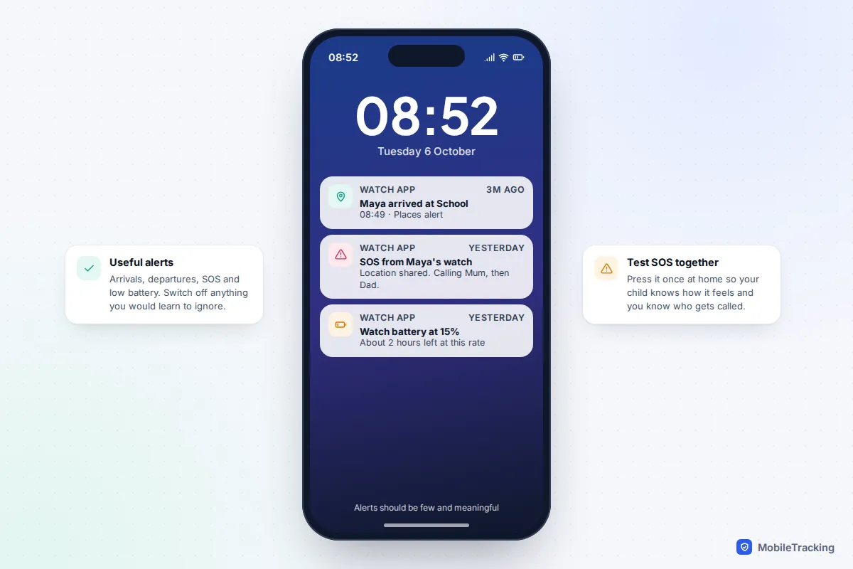Parent phone lock screen with watch alerts for arriving at school, an SOS alert and a low battery warning