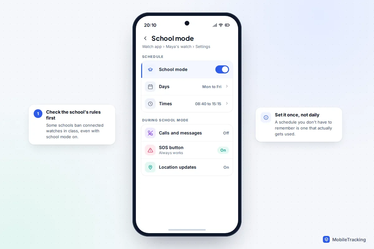 School mode settings for a kids' watch with a weekday schedule, calls turned off and the SOS button still active
