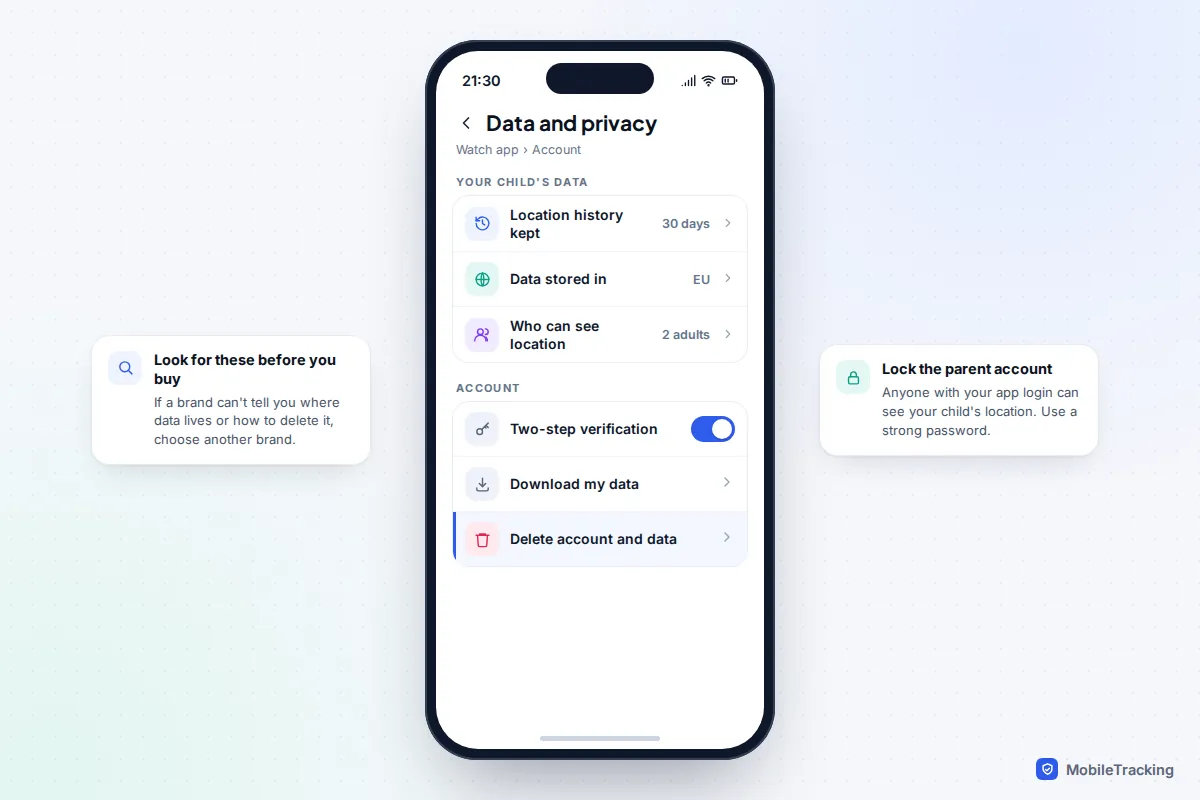 Data and privacy settings in a watch companion app showing how long location history is kept, where data is stored and an option to delete the account