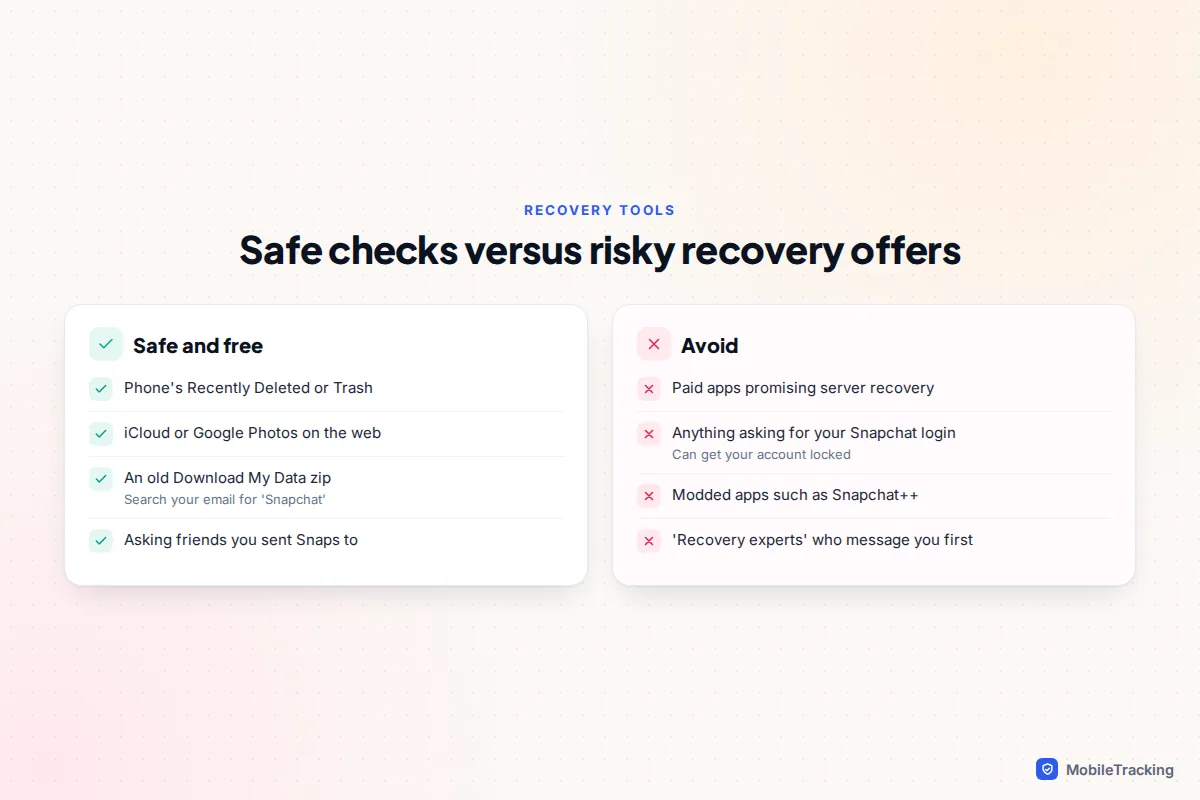 Comparison of safe steps and risky tools when trying to recover deleted Snapchat Memories