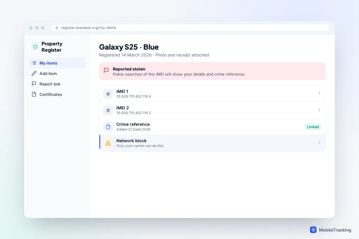 Property register web page listing a registered phone with its IMEI and a Reported stolen status