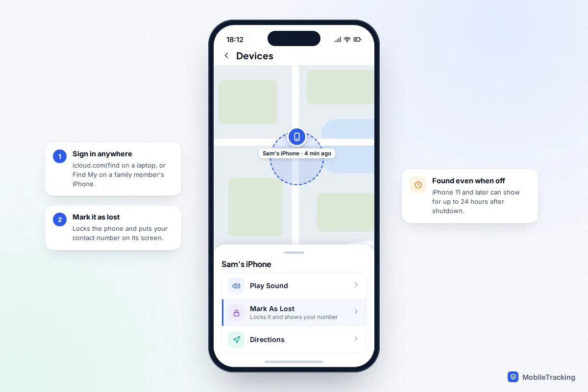 Find My style map showing a lost iPhone's location with options to play a sound and mark it as lost