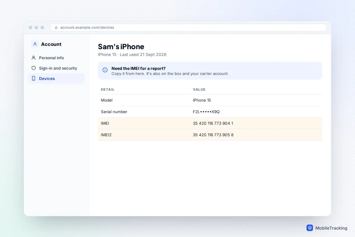 Account devices web page showing a missing phone's model, serial number and two IMEI numbers