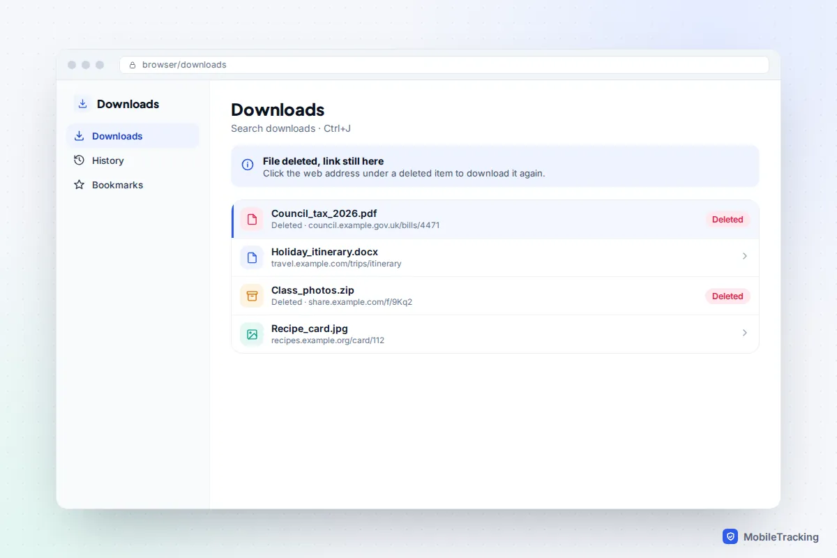 Browser downloads page with a deleted PDF shown struck through and its original web address still clickable