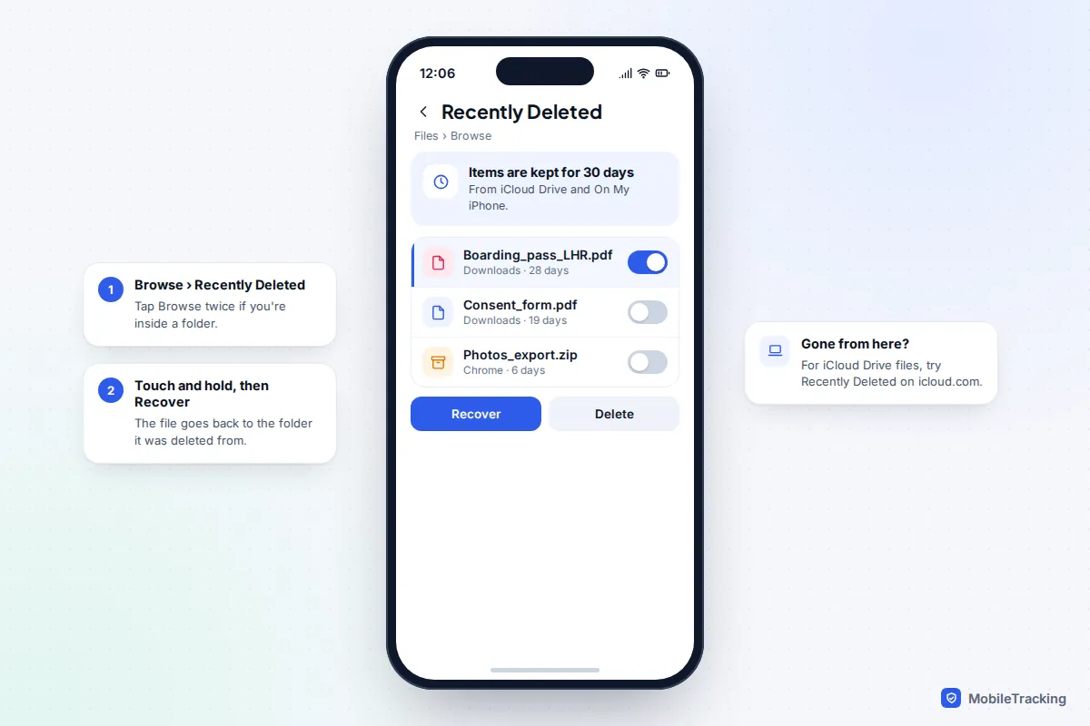 iPhone Files app Recently Deleted screen with a downloaded PDF selected and a Recover button