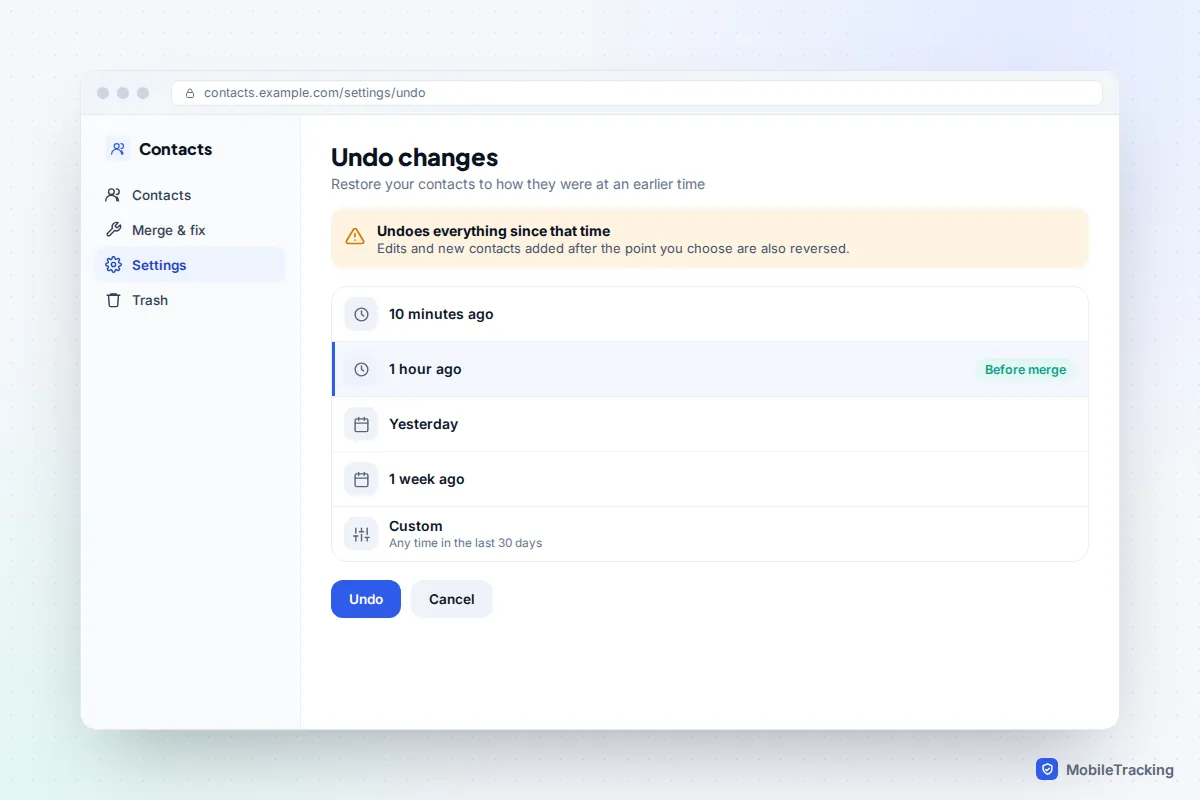Google Contacts Undo changes page offering restore points from ten minutes ago to a custom date within 30 days