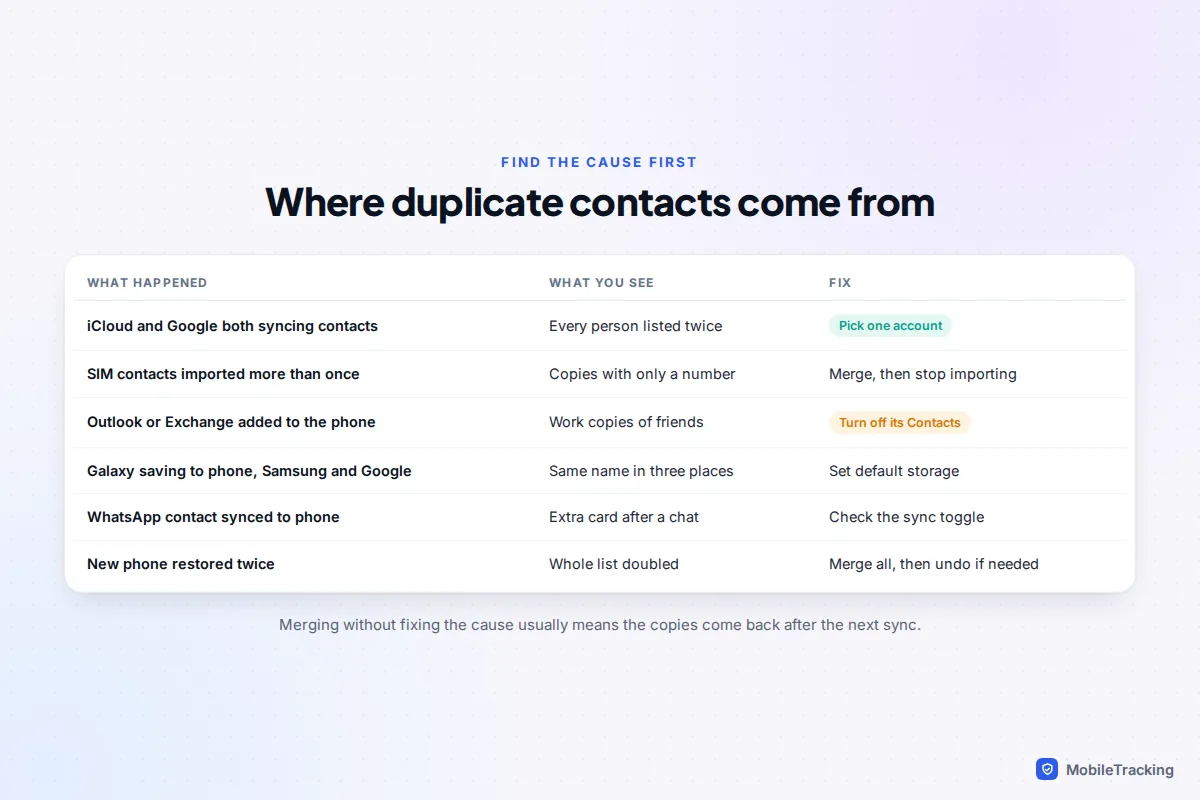 Table matching six causes of duplicate contacts to what you see on the phone and the fix for each