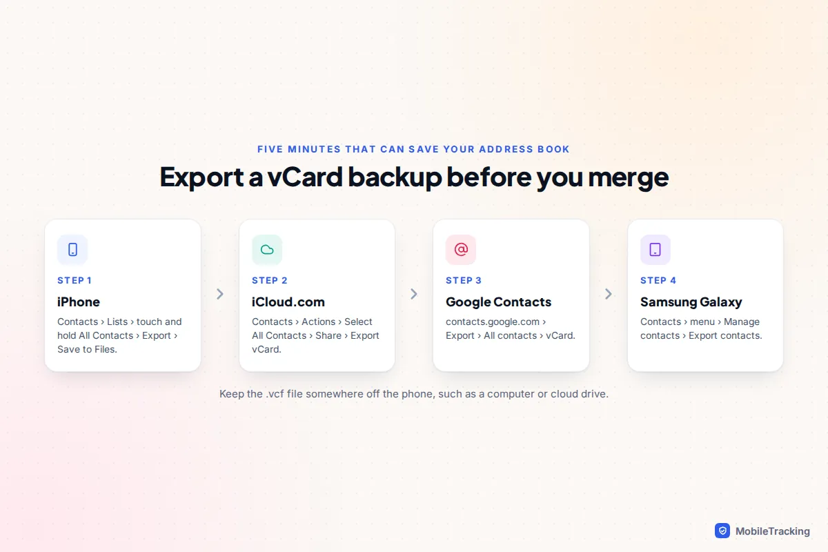 Four-step graphic showing where to export a vCard backup on iPhone, iCloud.com, Google Contacts and Samsung