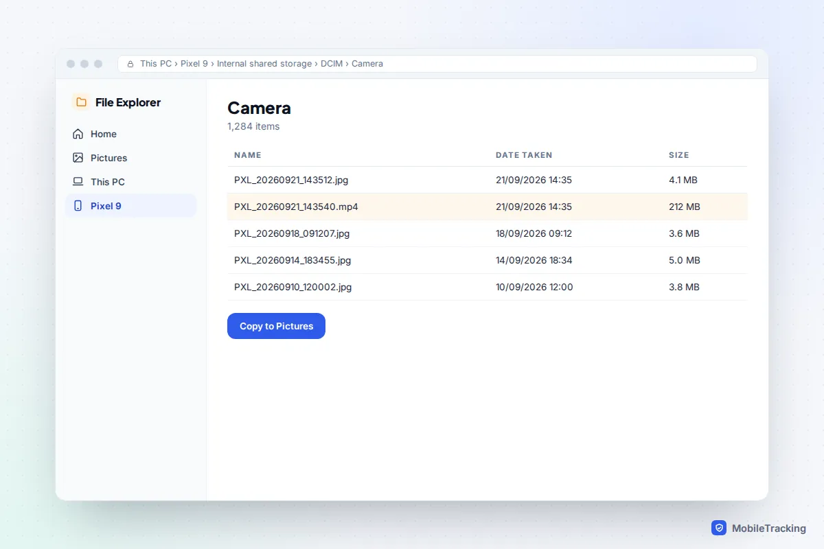 Windows File Explorer showing a Pixel phone's DCIM Camera folder with photo and video files and their sizes