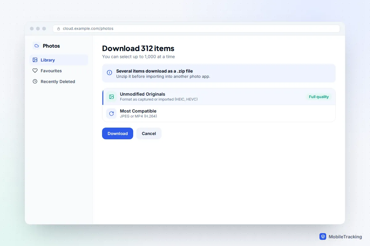 Cloud photo library download dialog offering Unmodified Originals or Most Compatible for 312 selected items