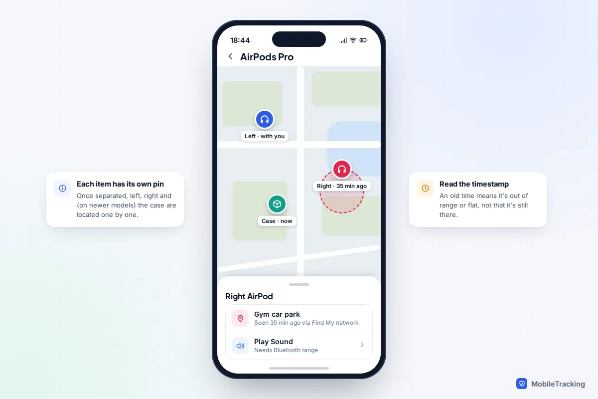 Find My map showing the left AirPod, the right AirPod and the charging case as three separate pins in different places