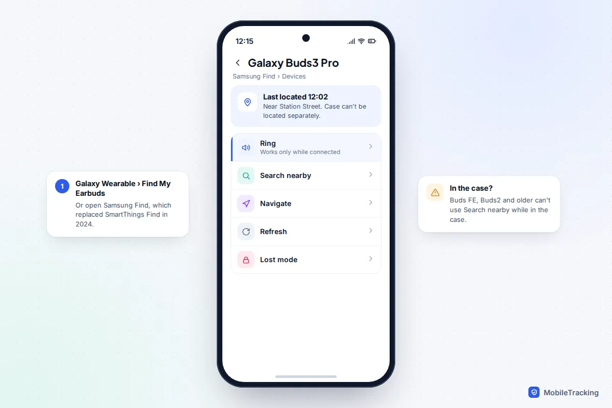 Samsung Find screen for Galaxy Buds3 Pro with Ring, Search nearby, Navigate, Refresh and Lost mode options
