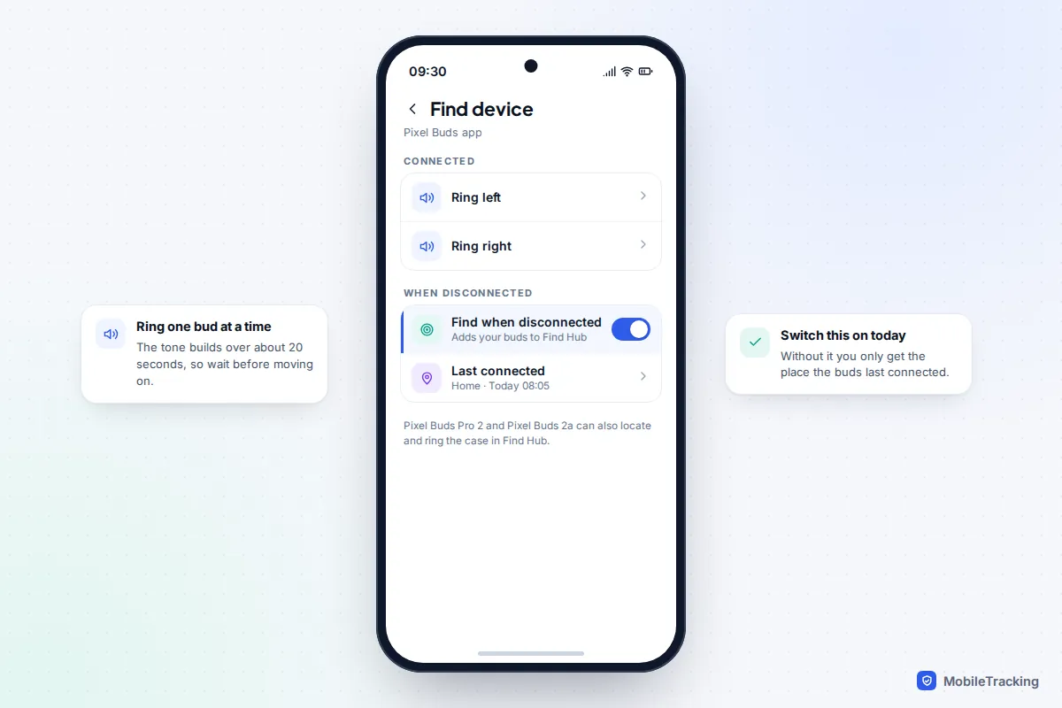 Pixel Buds app Find device screen with Ring left and Ring right buttons and the Find when disconnected switch turned on