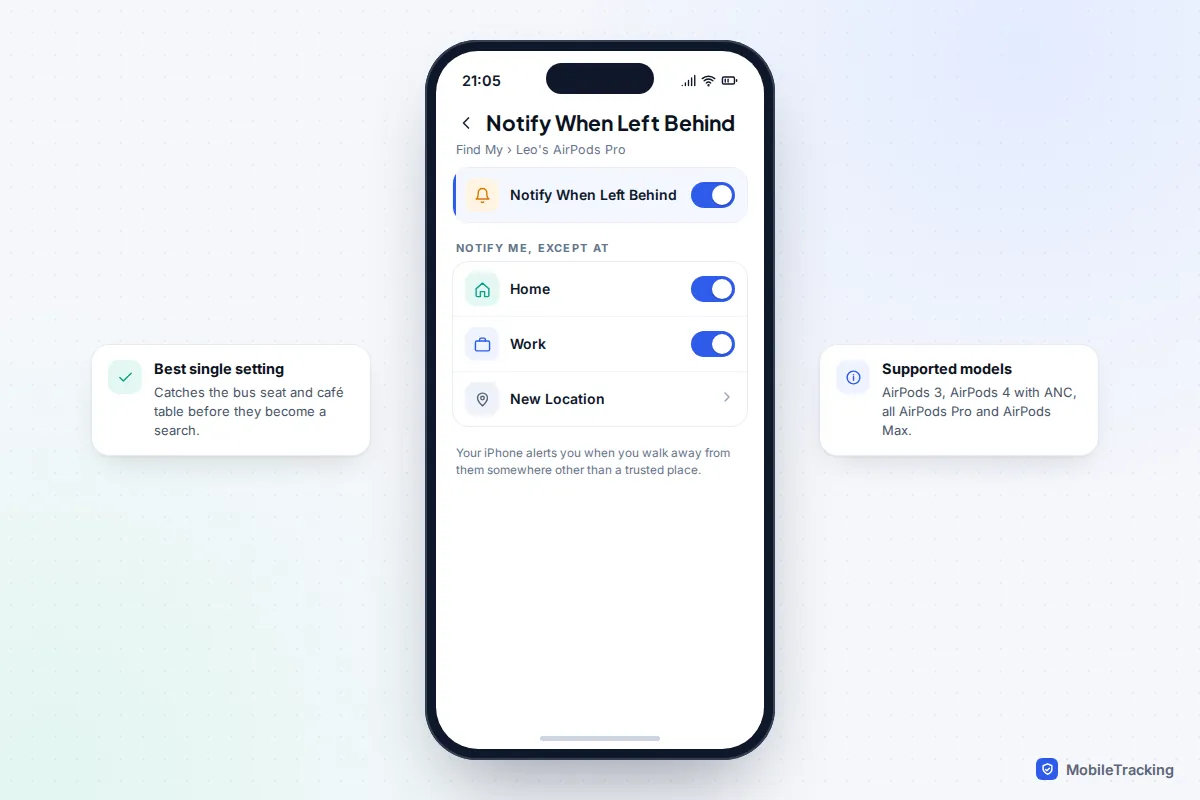 Notify When Left Behind switched on for AirPods Pro in Find My, with Home and Work added as trusted locations