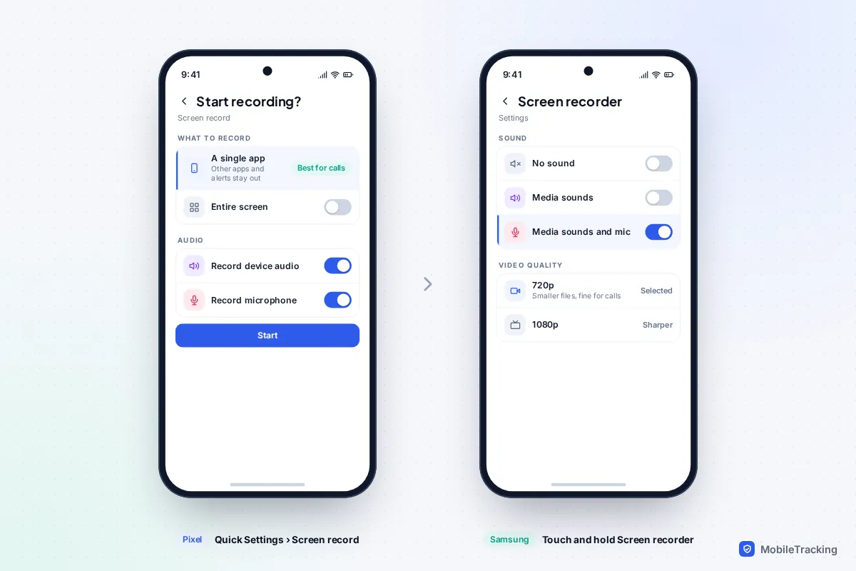 Pixel screen record dialog with single app, device audio and microphone options next to Samsung screen recorder settings for sound and video quality