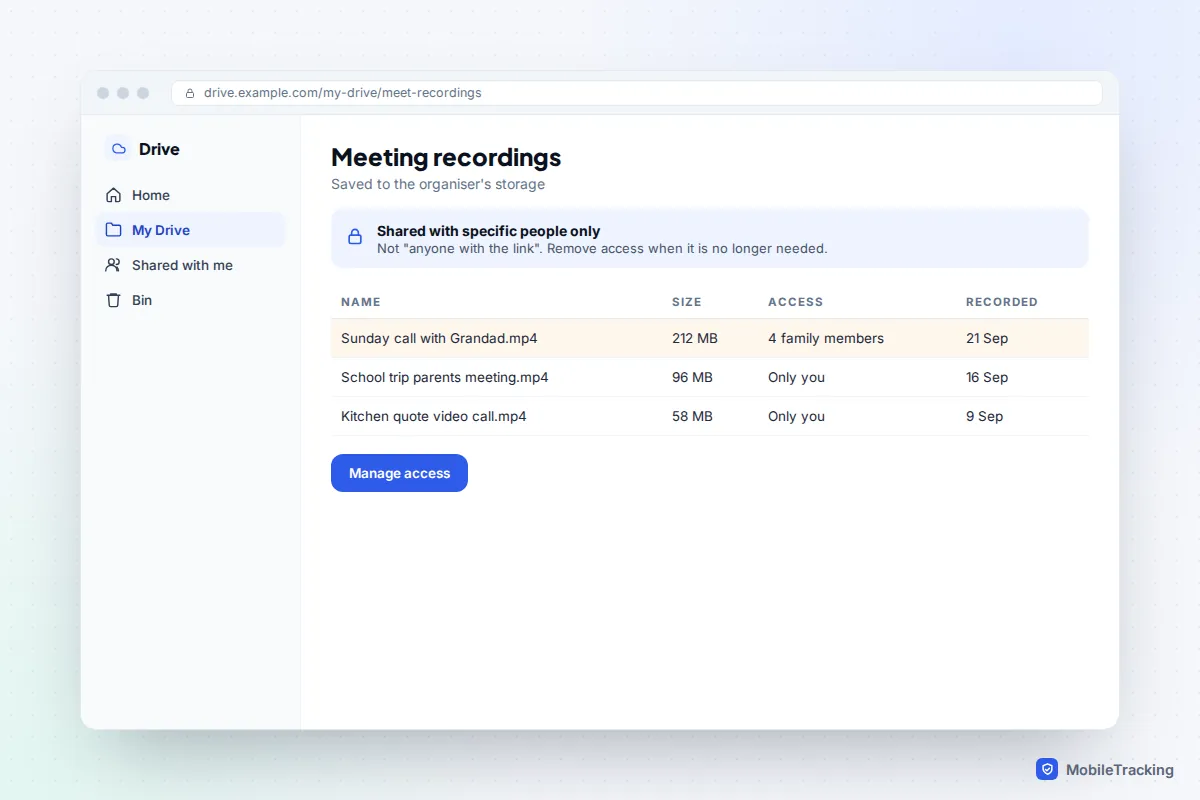Cloud drive folder listing three video call recordings with their sizes, who can access each one, and a banner about sharing with specific people only