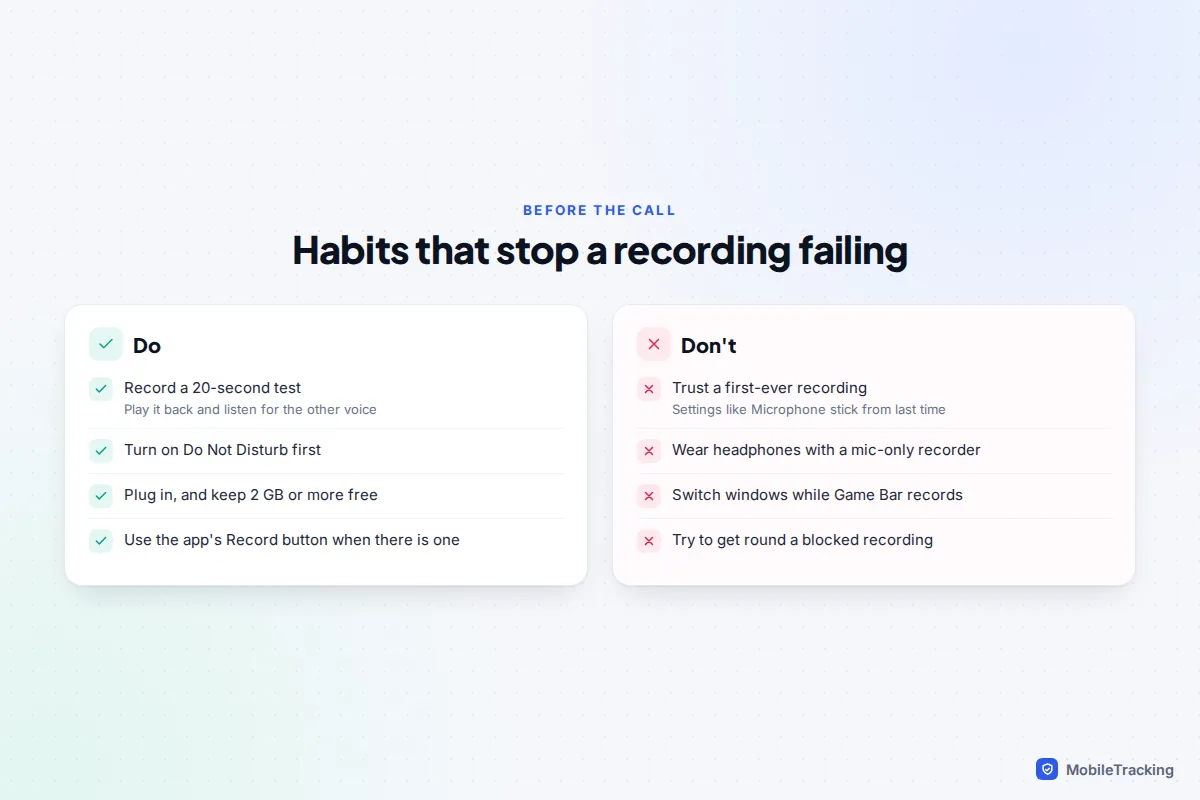 Do and don't list for reliable call recordings, such as testing for 20 seconds first and not wearing headphones with a microphone-only recorder