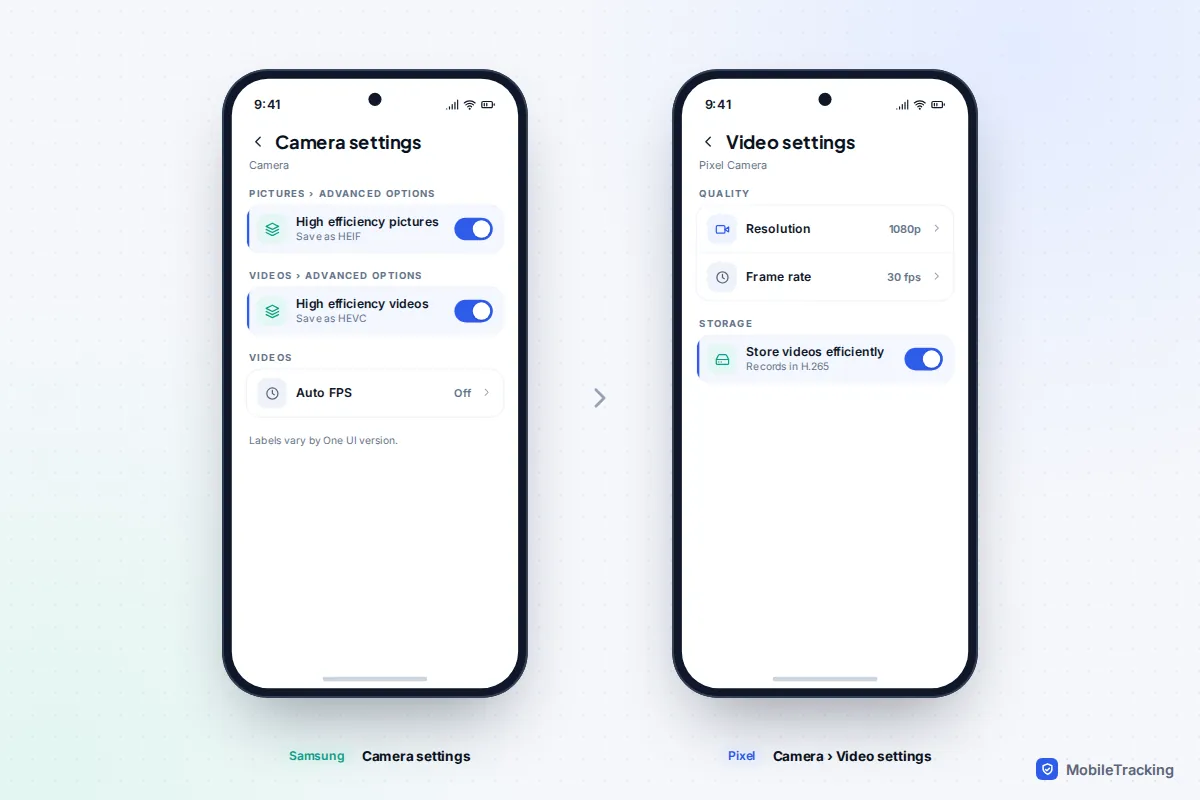 Samsung camera settings with High efficiency pictures and High efficiency videos turned on, next to Pixel camera video settings with Store videos efficiently turned on