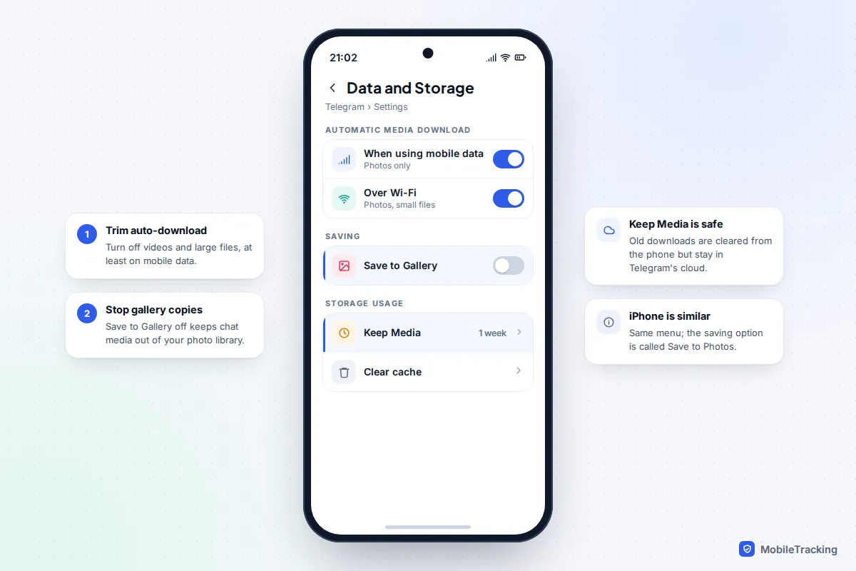 Telegram Data and Storage settings on Android with automatic video download off, Save to Gallery off and Keep Media set to one week