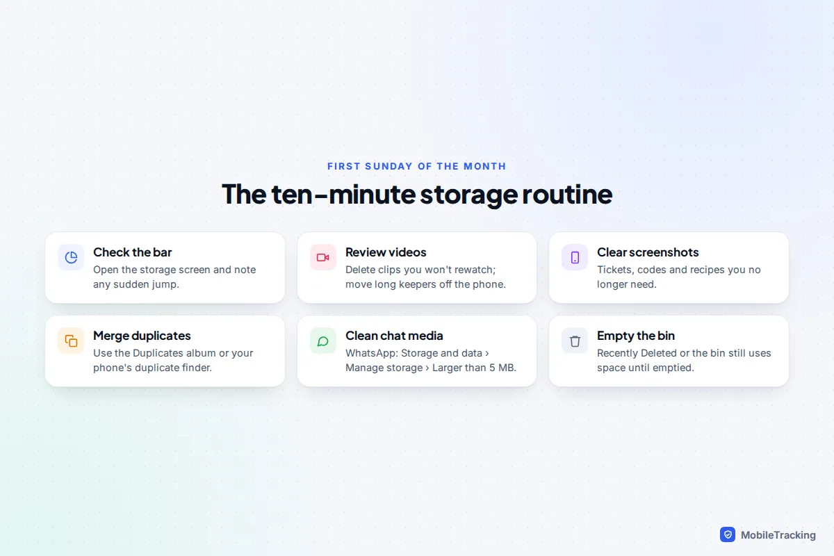 Monthly ten-minute storage checklist: check the storage bar, review videos, clear screenshots, merge duplicates, clean chat media and empty Recently Deleted