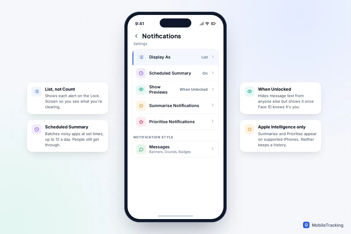 iPhone Settings Notifications screen with Display As set to List, Scheduled Summary on and Show Previews set to When Unlocked