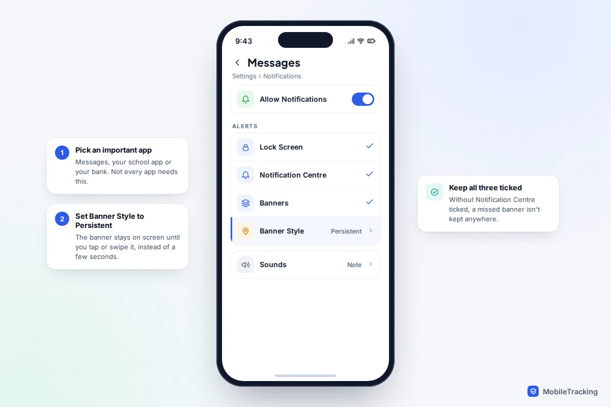 iPhone per-app notification settings for Messages with Banner Style set to Persistent and Lock Screen and Notification Centre ticked