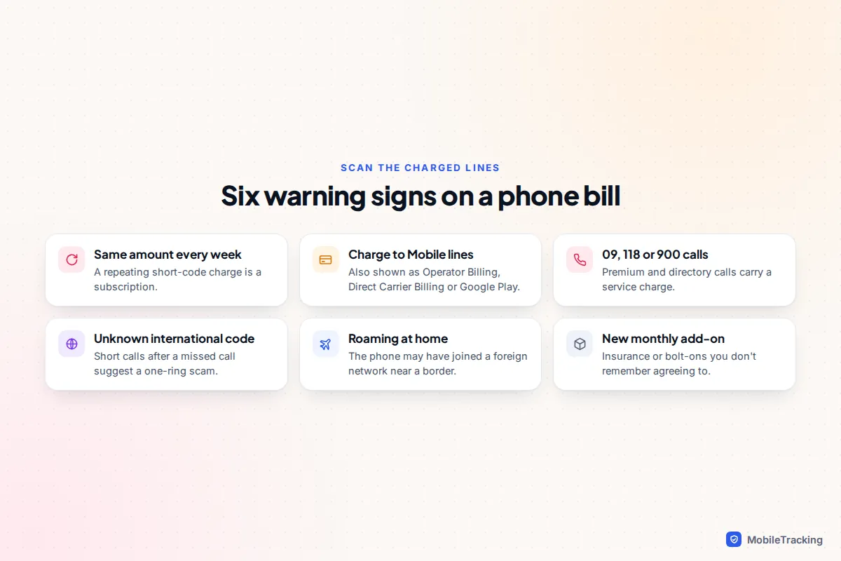Checklist of six warning signs on a phone bill including weekly short-code charges, charge-to-mobile lines, 09 and 118 calls and unexpected roaming
