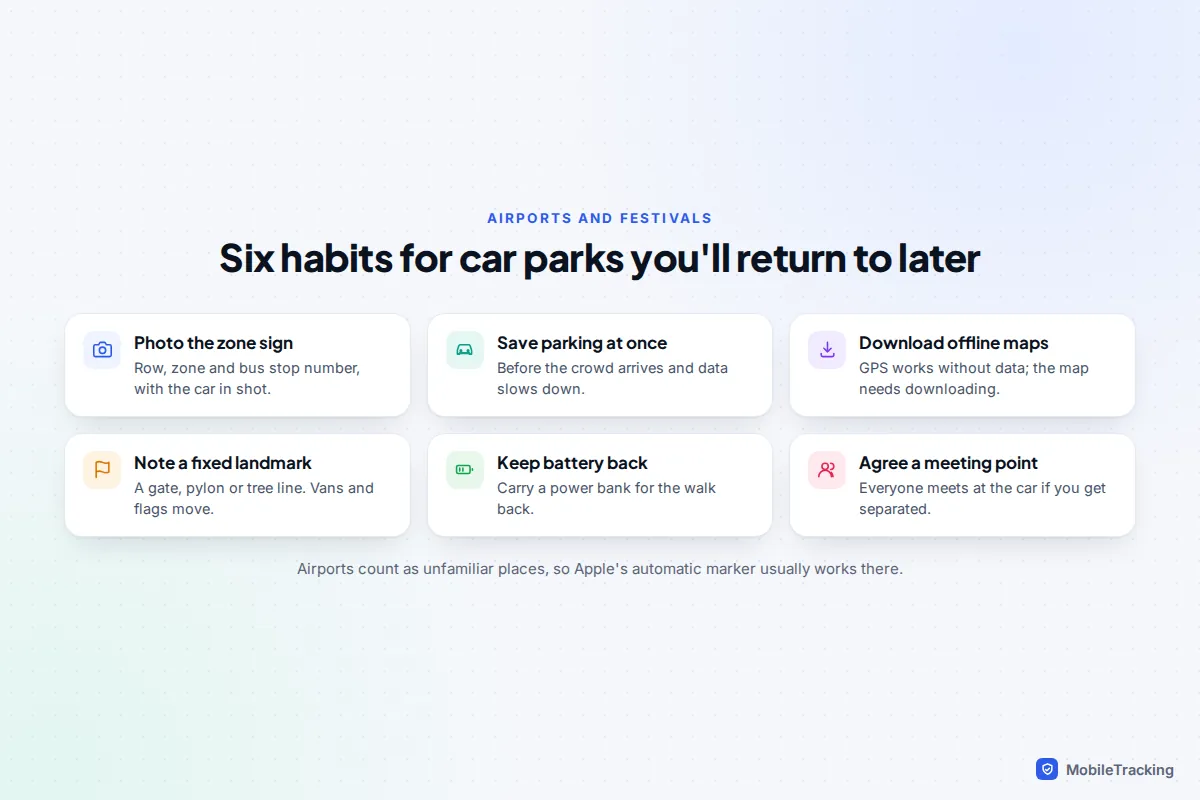 Checklist for airports and festivals: photo the sign, save the spot, download offline maps, note a landmark, keep battery, agree a meeting point
