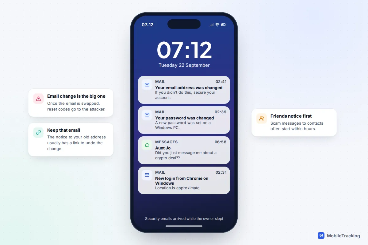 Phone lock screen with notifications that a Facebook email address and password were changed and a text from a friend asking about a strange message