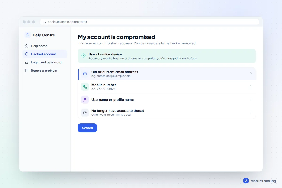 Web page for reporting a compromised social media account, asking the user to find their account by old email, phone number or username